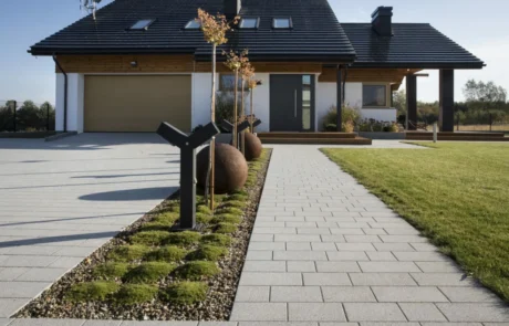 Ułożona kostka brukowa przed domem jednorodzinnym – estetyczny podjazd i obejście posesji